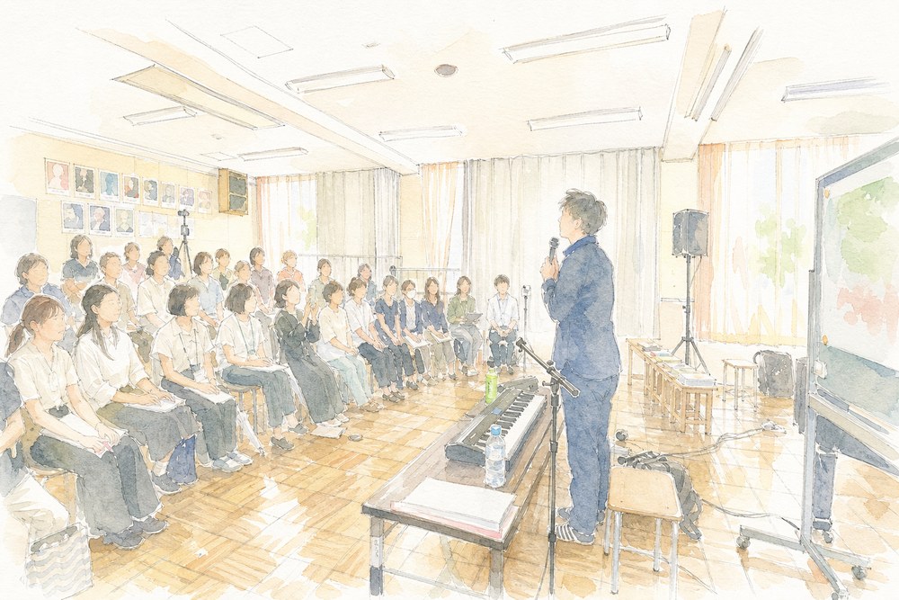 音楽室で先生方に向けて話す弓削田健介の水彩イラスト