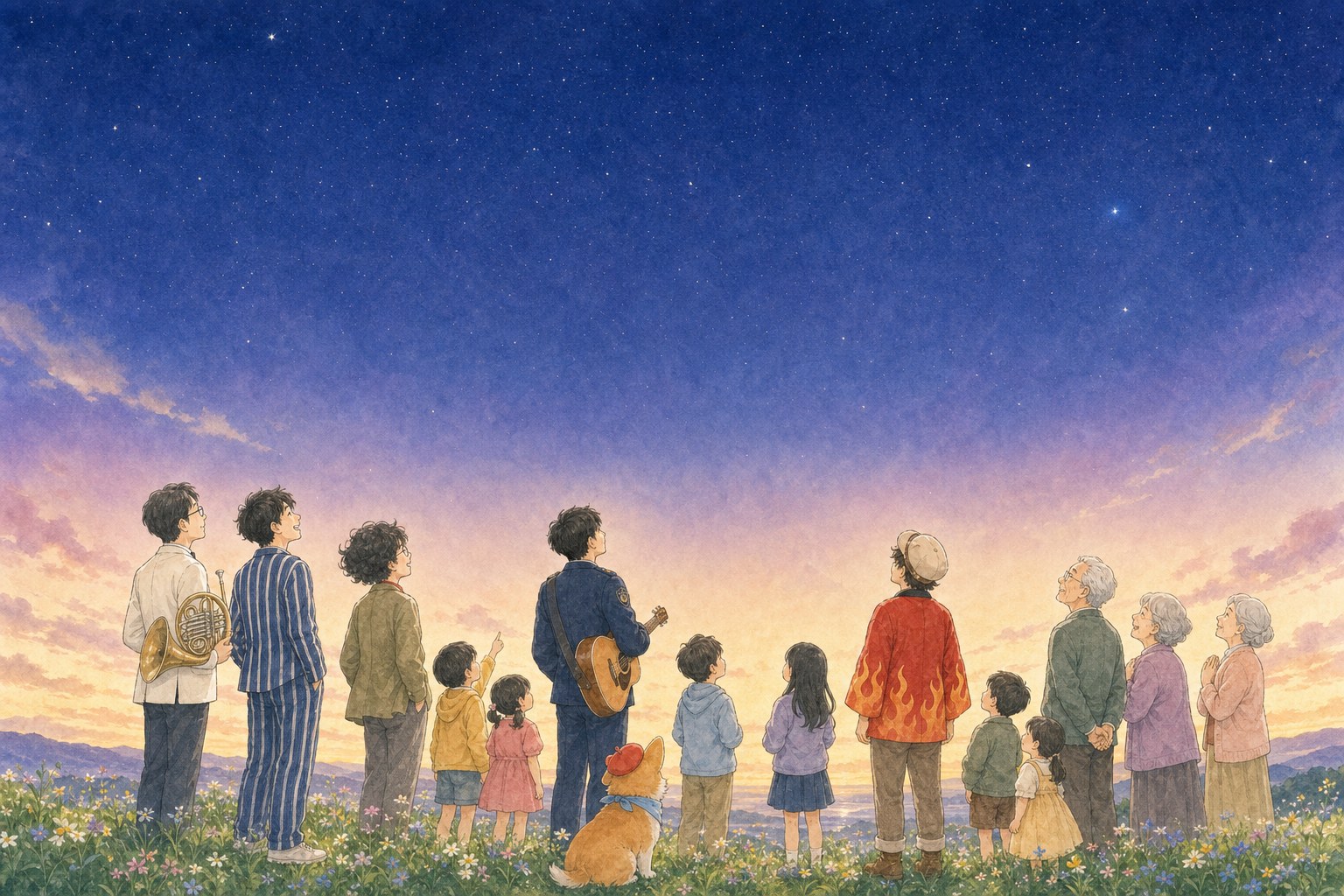 夜空の夢の天の川を見上げる人たちと旅ワンくん